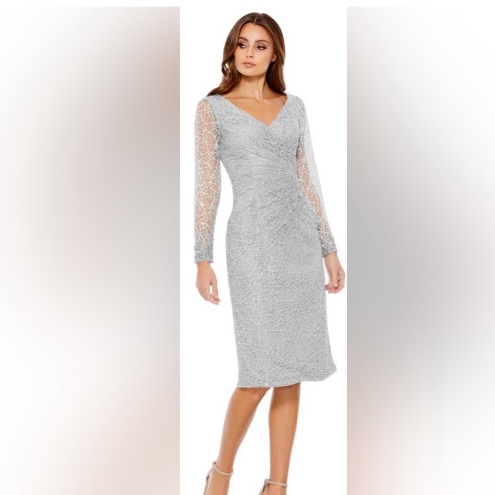 MAC DUGGAL 12408 Surplice Platinum Embroidered Midi Dress Size 8 Jewel Cuff
